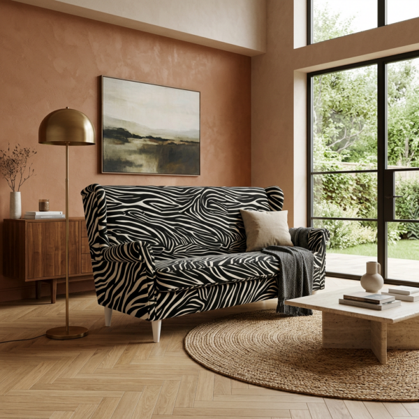 Wersalka Uszak skandynawska zebra czarna biała welur salon Ari Family Meble — komfort
