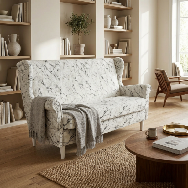 Wersalka Uszak biały marmur wzór carrara nowoczesna Design Family Meble — komfort