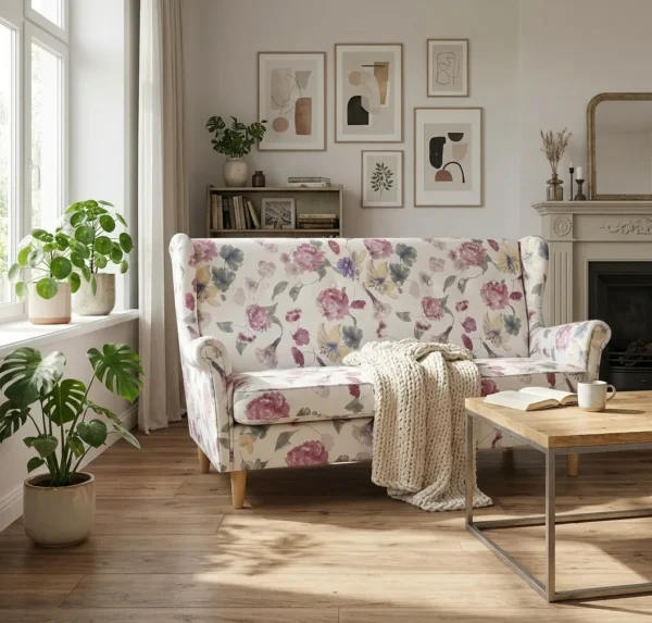 Wersalka Uszak Kwietna rozkładana beżowy nowoczesna Print Family Meble — komfort