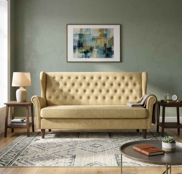 Wersalka Uszak welur pikowany designerska sofa beżowa Diana Family Meble — komfort