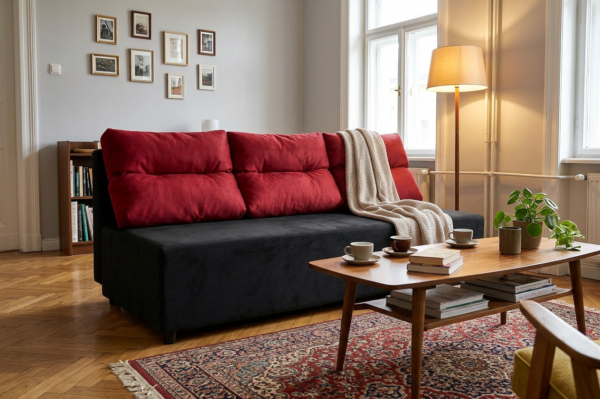 Kanapa Sofa rozkładana spania pojemnik czarno czerwon Kimo Duo Family Meble — komfort
