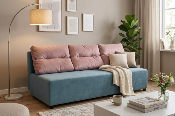 Kanapa Sofa rozkładana spania pojemnik niebieski róż Kimo Duo Family Meble — komfort