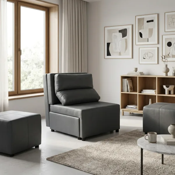 Fotel rozkładany spania pojemnik szary eko skóra skaj Kimo Family Meble — komfort