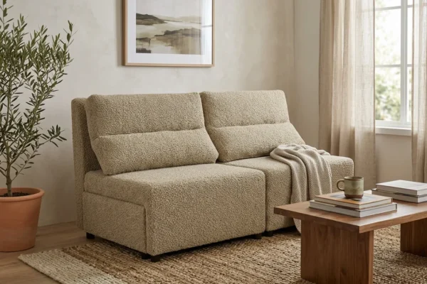 Kanapa 2 os sofa rozkładana spania pojemnik beż welur wygodna KIMO Family — komfort