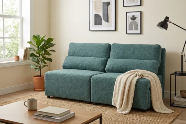 Kanapa 2 os sofa rozkładana spania pojemnik niebieski welur KIMO Family — komfort
