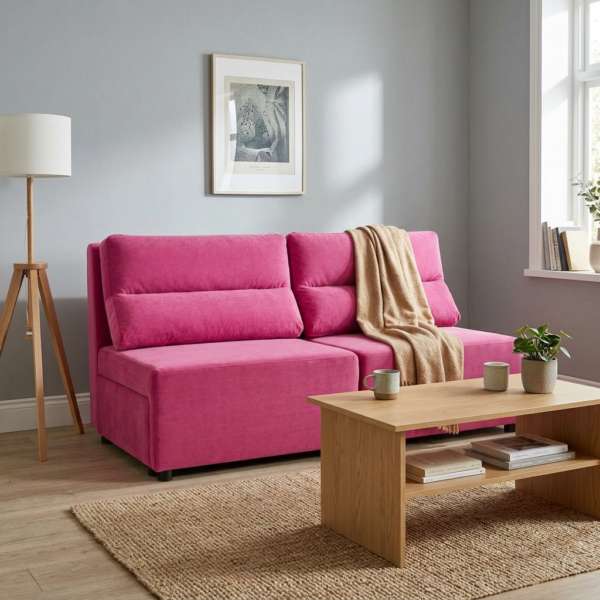 Kanapa 2 os sofa rozkładana spania pojemnik różowy welur KIMO Family Meble — komfort