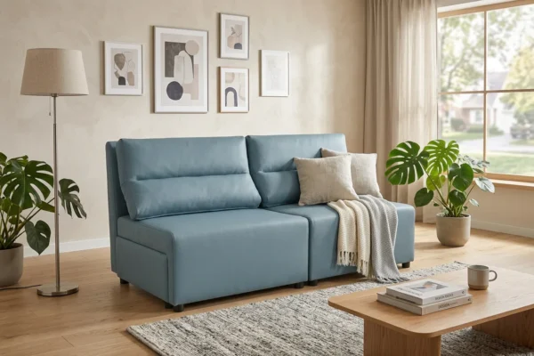 Kanapa 2 os sofa rozkładana spania pojemnik j. niebieski welur KIMO Family — komfort