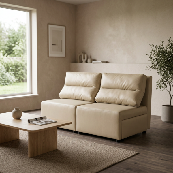 Kanapa 2 os sofa rozkładana spania pojemnik beż ekoskóra Kimo Family Meble — komfort