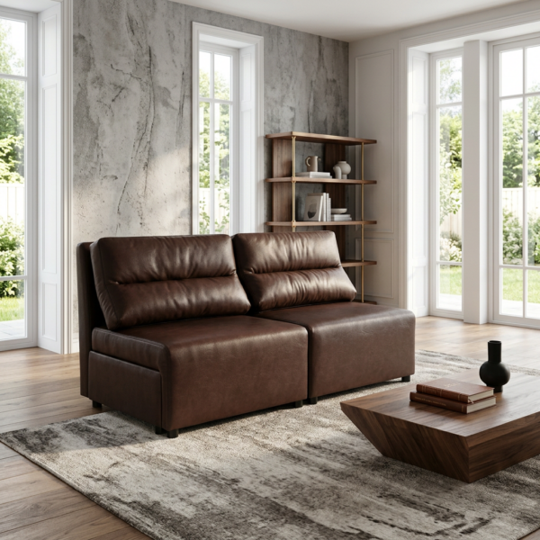 Kanapa 2 os sofa rozkładana spania pojemnik brązowa ekoskóra Kimo Family — komfort