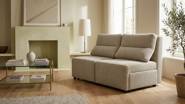 Kanapa 2 os sofa rozkładana spania pojemnik beż sztruks Kimo Family Meble — komfort