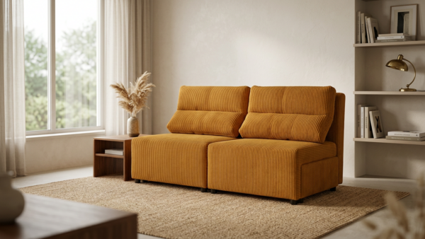 Kanapa 2 os sofa rozkładana spania pojemnik musztardowy sztruks Kimo Family — komfort