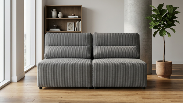 Kanapa 2 os sofa rozkładana spania pojemnik szary sztruks KIMO Family Meble — komfort