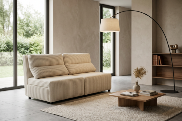 Kanapa 2 os sofa rozkładana spania beż gruby sztruks Kimo Family Meble — komfort