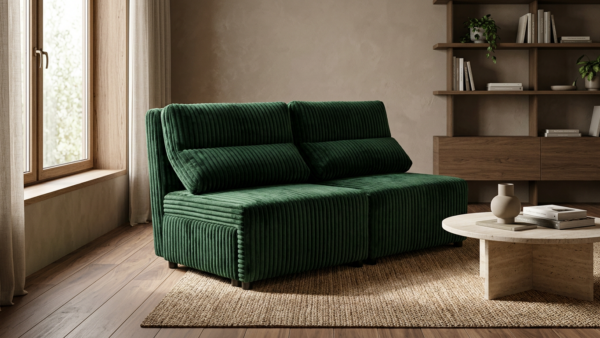 Kanapa 2 os sofa rozkładana spania zielony gruby sztruks Kimo Family Meble — komfort
