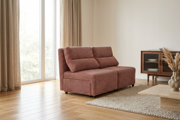 Kanapa 2 os sofa rozkładana spania róż gruby sztruks KIMO Family Meble — komfort