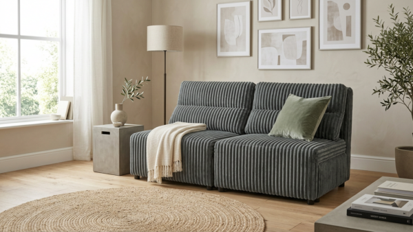Kanapa 2 os sofa rozkładana spania szary antracyt gruby sztruks KIMO Family — komfort