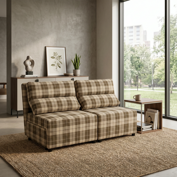Kanapa 2 os sofa rozkładana spania pojemnik brąz kratka KIMO Family Meble — komfort