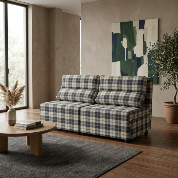 Kanapa 2 os sofa rozkładana spania pojemnik czarny biały krata KIMO Family — komfort