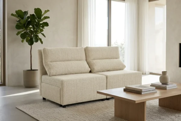 Kanapa 2 os sofa rozkładana spania pojemnik beż welur KIMO Family Meble — komfort