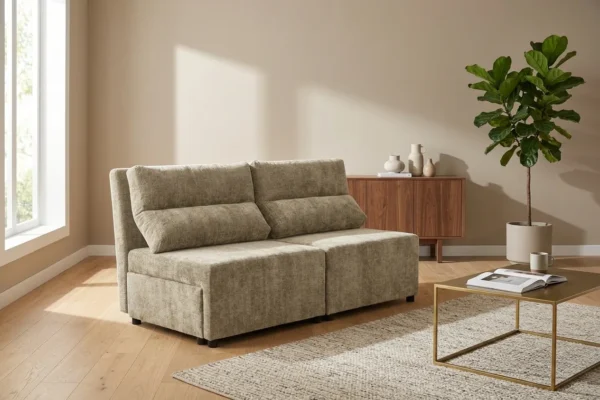 Kanapa 2 os sofa rozkładana spania pojemnik beżowy welur KIMO Family Meble — komfort