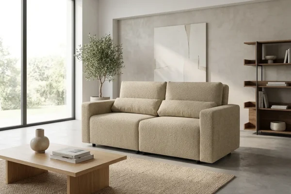 Kanapa 2 os sofa rozkładana spania pojemnik beżowy welur Komo Family Meble — komfort