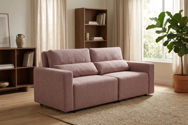 KANAPA 2 os sofa rozkładana spania pojemnik pudrowy róż welur Komo Family — komfort