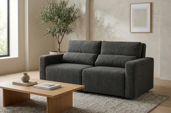 Kanapa 2 os sofa rozkładana spania pojemnik grafit welur Komo Family Meble — komfort