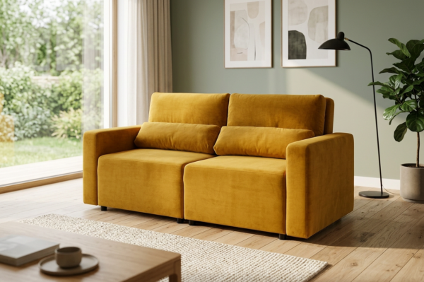 Kanapa 2 os sofa rozkładana spania pojemnik żółty welur Komo Family Meble — komfort