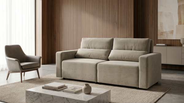 Kanapa 2 os sofa rozkładana spania pojemnik szary welur Komo Family Meble — komfort
