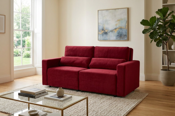 Kanapa 2os sofa rozkładana spania pojemnik czerwona welur Komo Family Meble — komfort