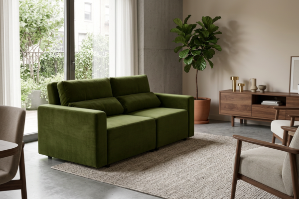 Kanapa 2 os sofa rozkładana spania pojemnik jasno zielony khaki Komo Family — komfort