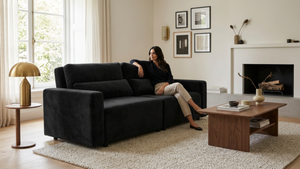 Kanapa 2 os sofa rozkładana spania pojemnik czarny welurowy Komo Family — komfort