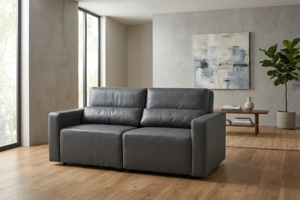 Kanapa 2os sofa rozkładana spania pojemnik szara ekoskóra Komo Family Meble — komfort