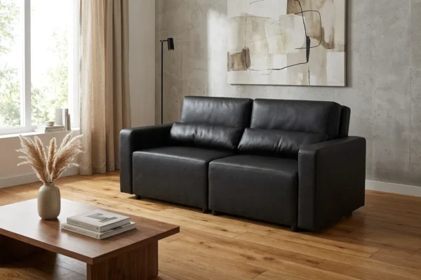 Kanapa 2 sofa rozkładana spania pojemnik czarny ekoskóra Komo Family Meble — komfort