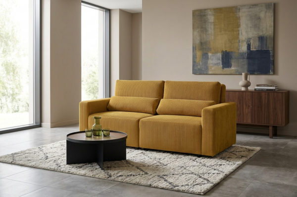 Kanapa 2 os sofa rozkładana spania pojemnik musztardowy welur Komo Family — komfort