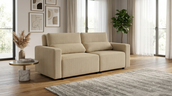 Kanapa 2os sofa rozkładana spania pojemnik beżowy sztruks Komo Family Meble — komfort