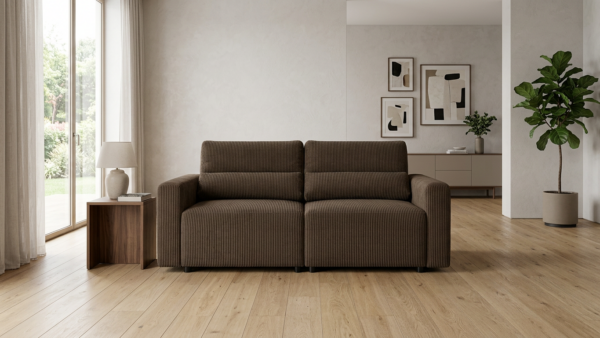 Kanapa 2 sofa rozkładana spania pojemnik brązowy sztruks Komo Family Meble — komfort