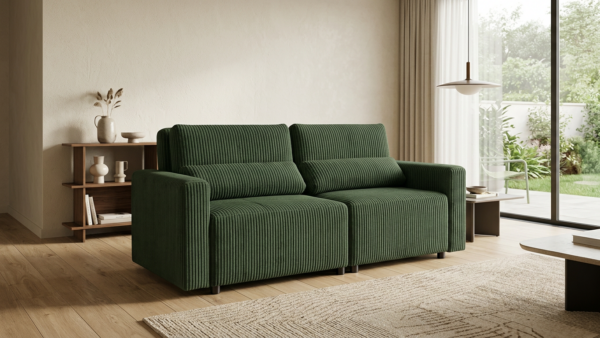 Kanapa 2 os sofa rozkładana spania pojemnik butelkowa zieleń sztruks Komo — komfort