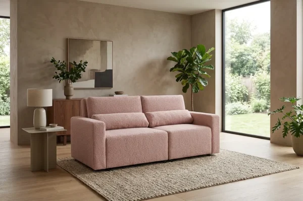 KANAPA 2 os sofa rozkładana spania pojemnik pudrowy róż welur wygodna Komo — komfort