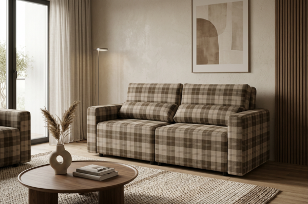 Kanapa 2 os sofa rozkładana spania pojemnik beż kratka Komo Family Meble — komfort