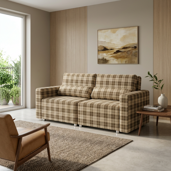 Kanapa 2 os sofa rozkładana spania pojemnik brąz salonu Komo Family Meble — komfort