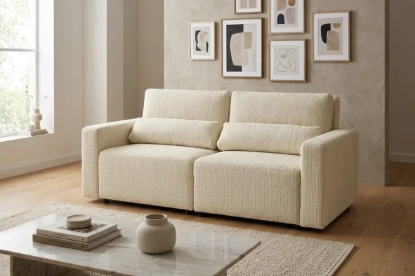 Kanapa 2 os sofa rozkładana spania pojemnik beż welur salonu KOMO Family — komfort