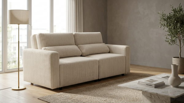 Kanapa 2 os sofa rozkładana spania pojemnik beż sztruks Komo Family Meble — komfort