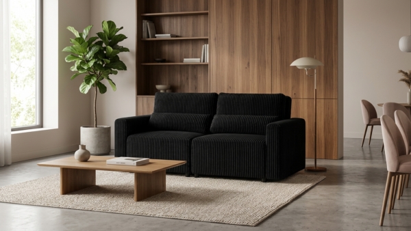 Kanapa 2os sofa rozkładana spania pojemnik czarny sztruks Komo Family Meble — komfort