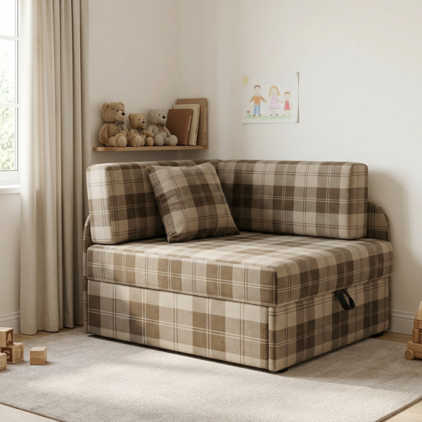 Łóżko dziecięce sofa kanapa rozkładana pojemnik beż kratka Denis Family — komfort