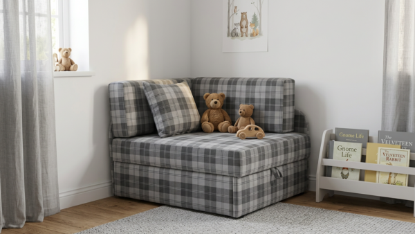 Łóżko dziecka sofa kanapa szary kratka pleciona wygodna Denis Family Meble — komfort