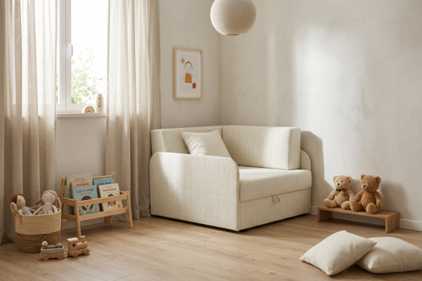 Łóżko dziecięce sofa kanapa beż welur tapicerowany Denis 3B Family Meble — komfort