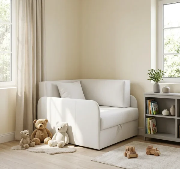 Łóżko dziecięce sofa kanapa biały Denis 3B ekoskóra skaj mięka Family Meble — komfort