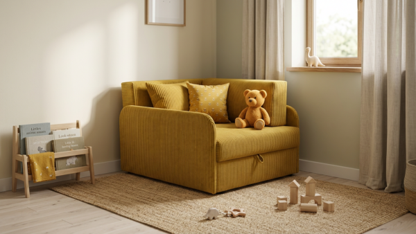 Łóżko dziecięce sofa kanapa rozkładana pojemnik musztardowy welur Denis 3B — komfort