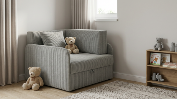 Łóżko dziecięce sofa kanapa rozkładana pojemnik szary welur Denis 3B Family — komfort